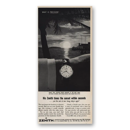 1959 Zenith Watch Zenith Watch Times the Sunset Within Seconds Vintage Magazine Print Ad