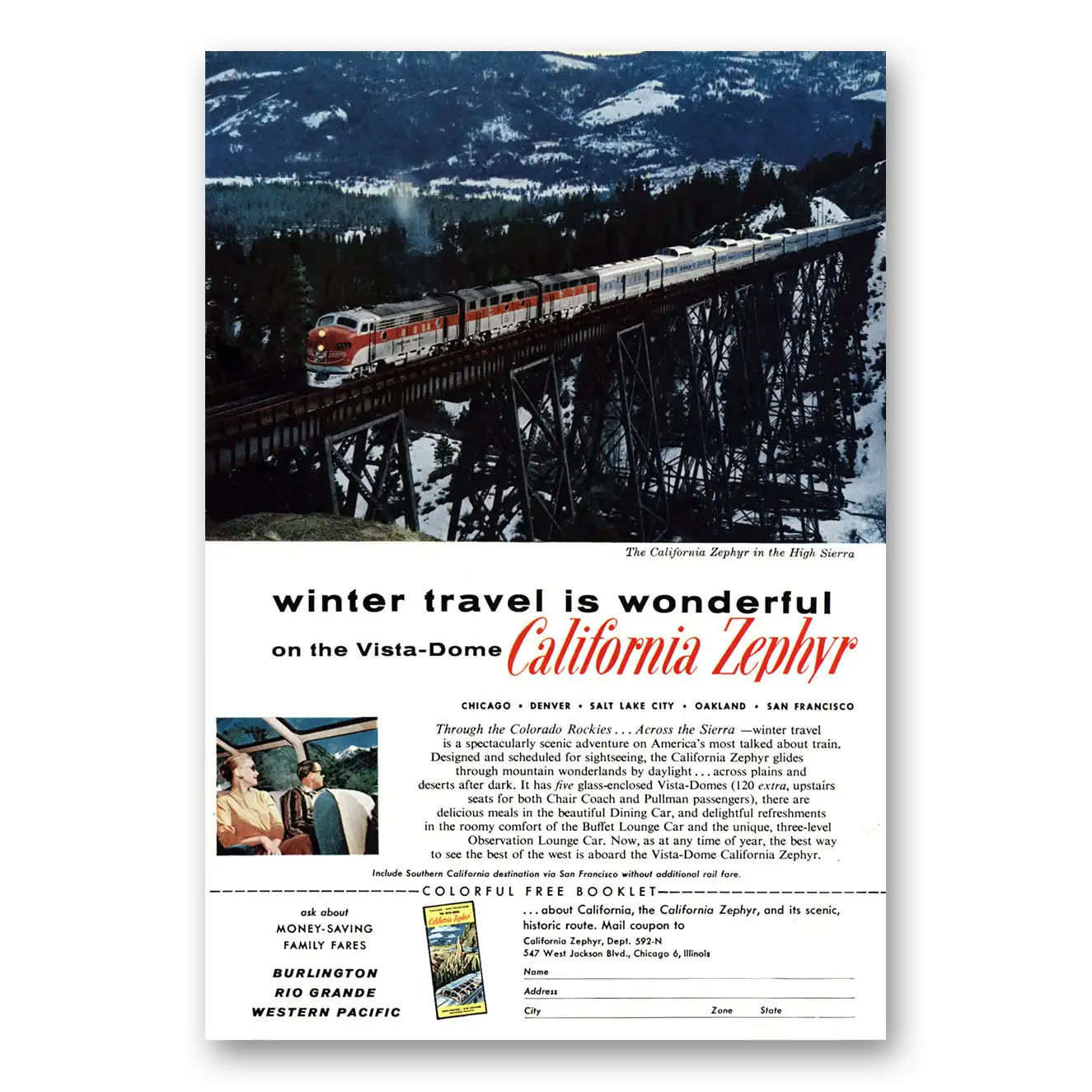 1959 California Zephyr High Sierra Winter Travel Vintage Magazine Print Ad