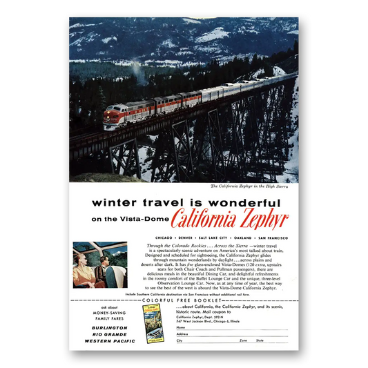 1959 California Zephyr High Sierra Winter Travel Vintage Magazine Print Ad