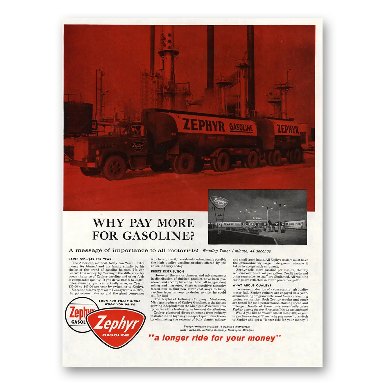 1959 Zephyr Gasoline Why Pay More for Gasoline Vintage Magazine Print Ad