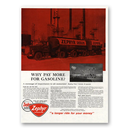 1959 Zephyr Gasoline Why Pay More for Gasoline Vintage Magazine Print Ad