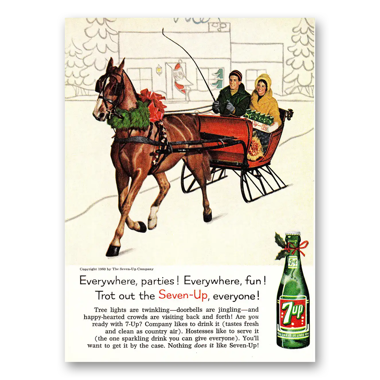 1960 7Up Sleigh Trot Out the Seven Up Vintage Magazine Print Ad