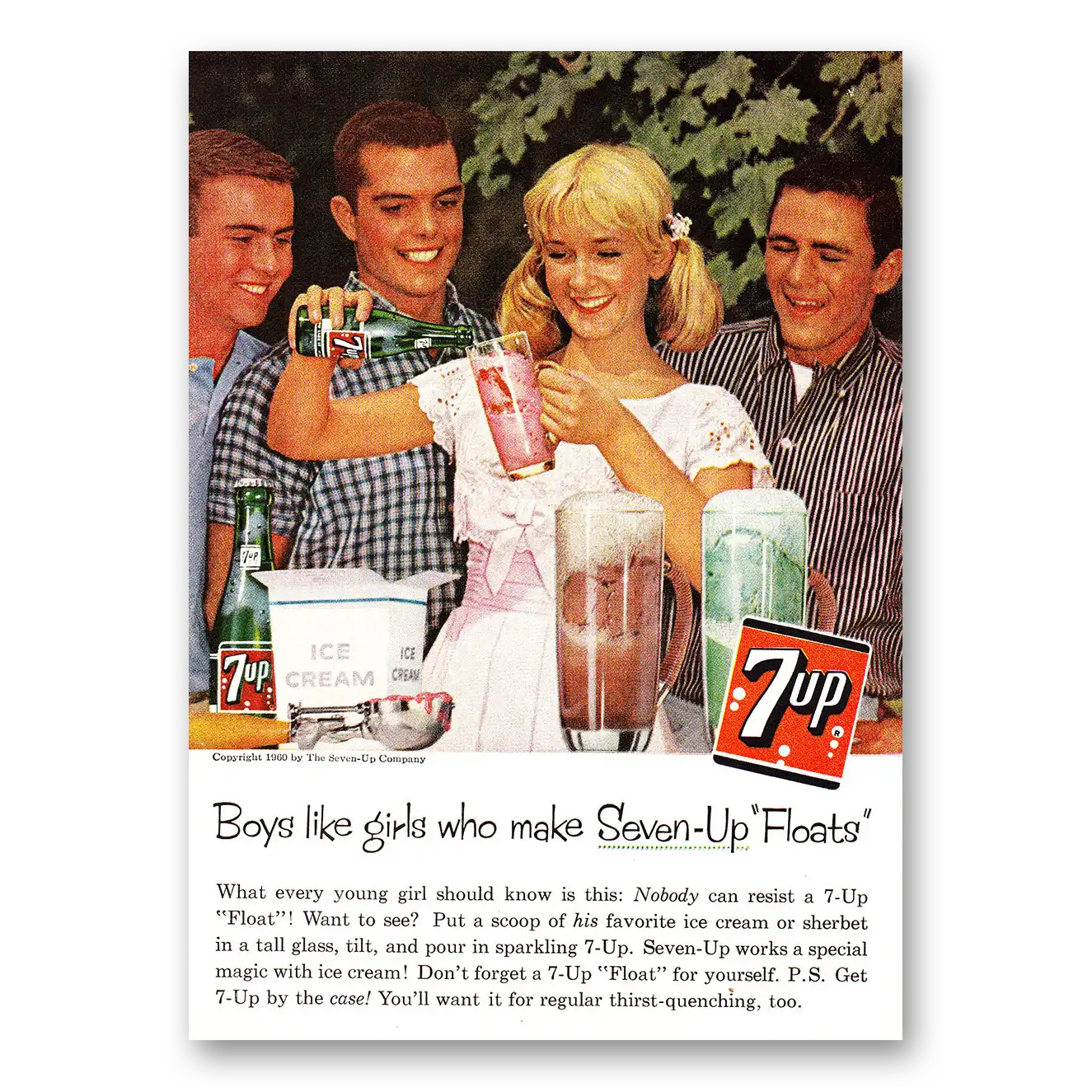 1960 7Up Boys Like Girls Who Make Seven Up Floats Vintage Magazine Print Ad