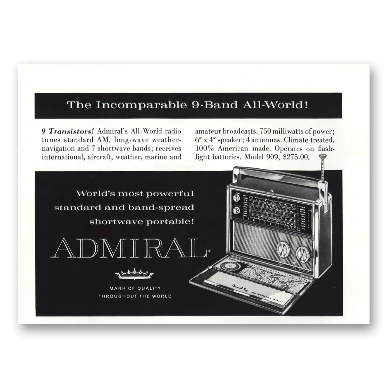 1960 Admiral Radio All World Radio 9 Transistors Vintage Magazine Print Ad