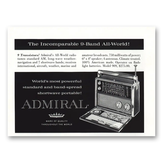 1960 Admiral Radio All World Radio 9 Transistors Vintage Magazine Print Ad