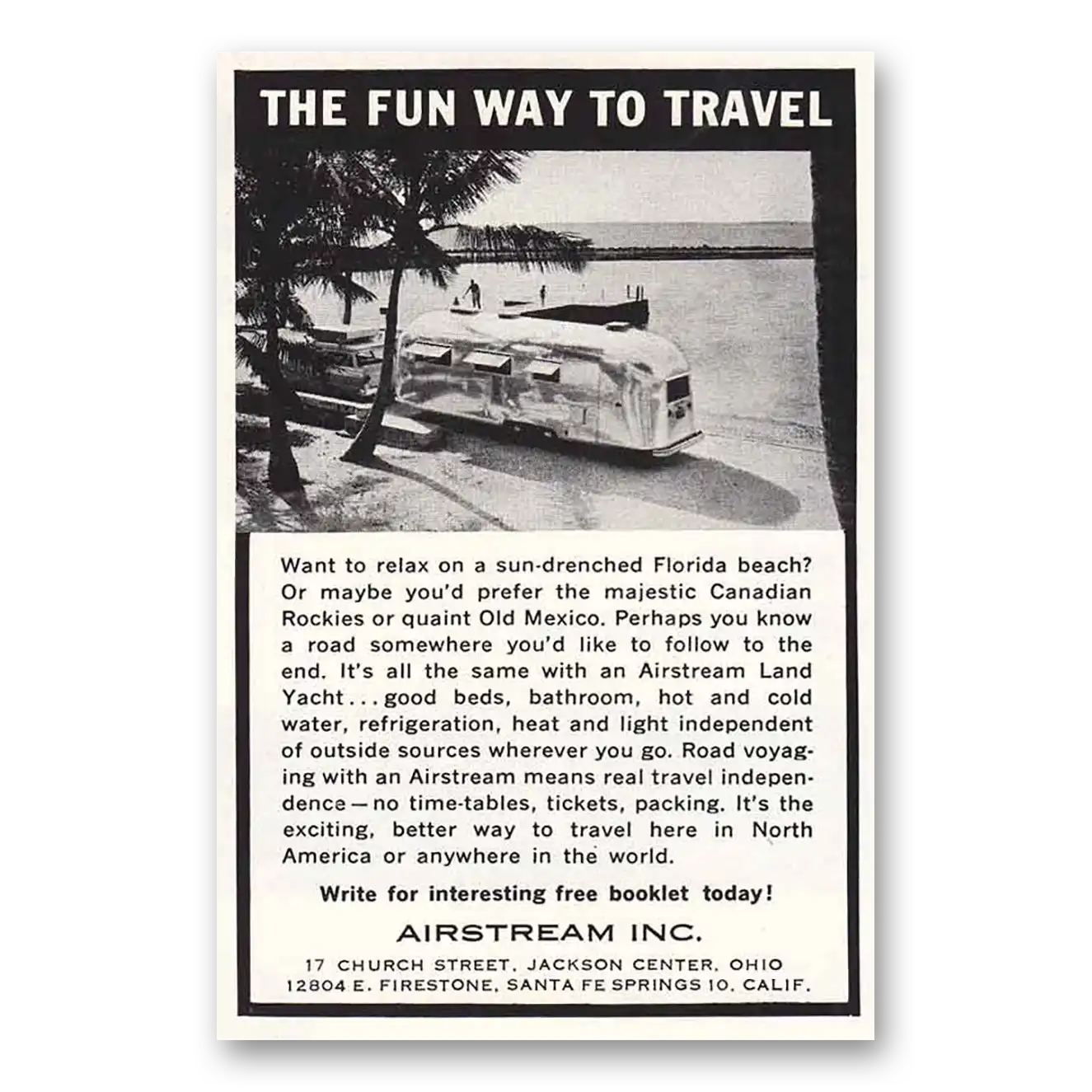 1960 Airstream Trailers Sun Drenched Florida Beach Vintage Magazine Print Ad