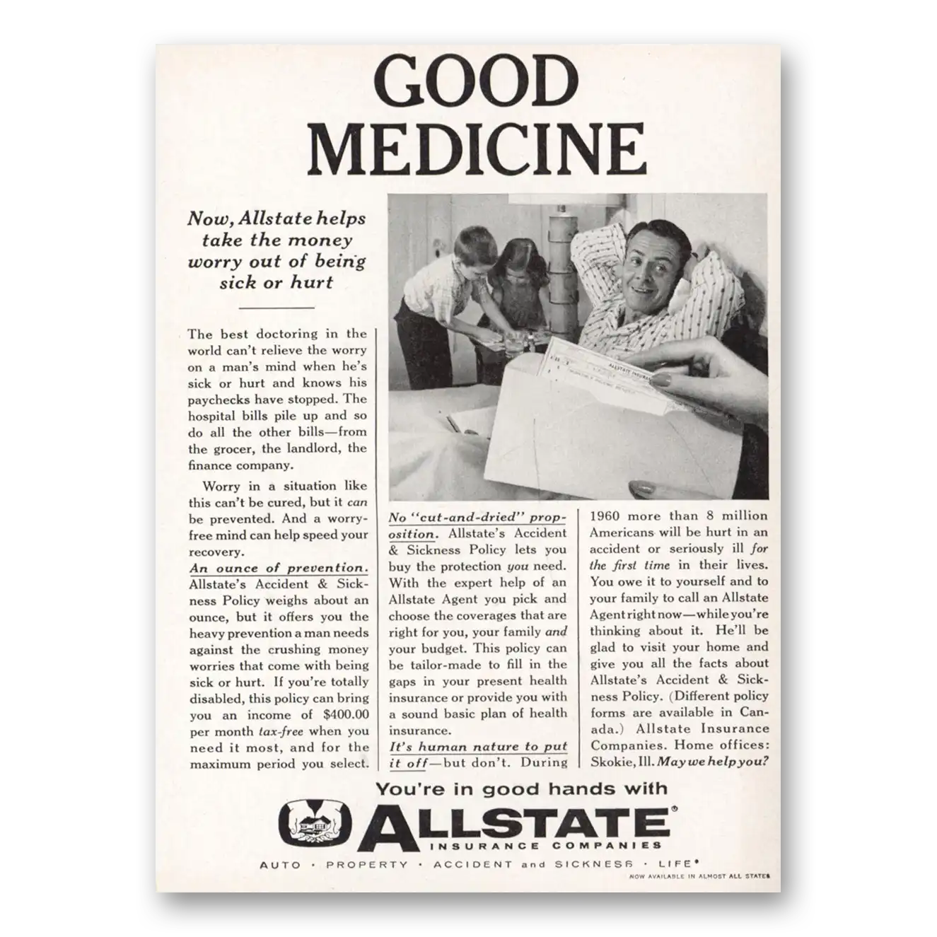 1960 Allstate Insurance Good Medicine Vintage Magazine Print Ad