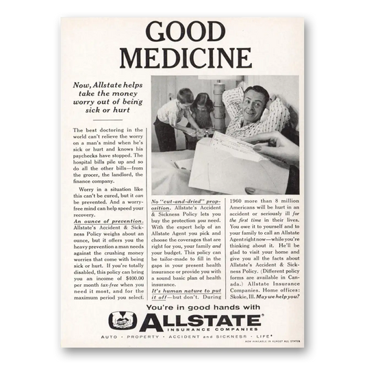 1960 Allstate Insurance Good Medicine Vintage Magazine Print Ad