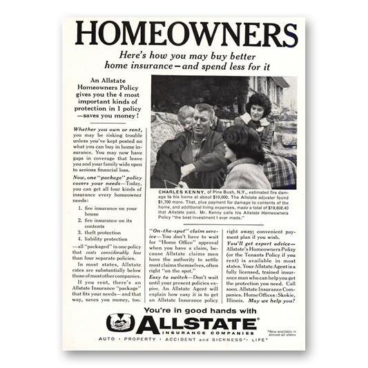 1960 Allstate Insurance Homeowners Charles Kenny Vintage Magazine Print Ad