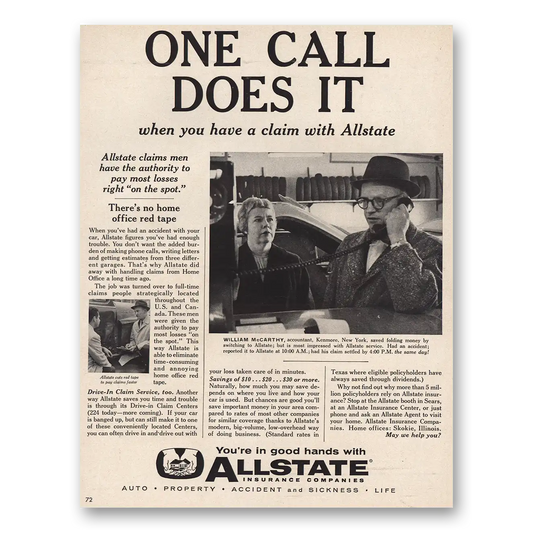 1960 Allstate Insurance One Call Does It Vintage Magazine Print Ad