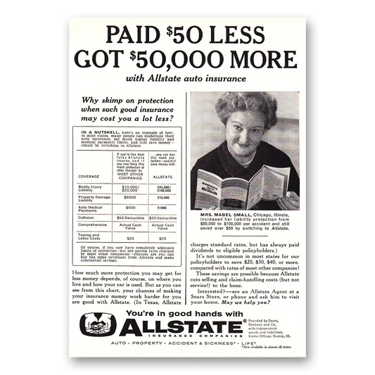 1960 Allstate Insurance Paid 50 Less Vintage Magazine Print Ad