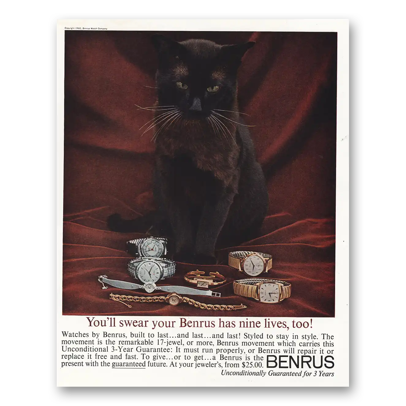 1960 Benrus Watches Your Benrus Has Nine Lives Vintage Magazine Print Ad