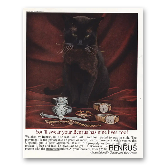 1960 Benrus Watches Your Benrus Has Nine Lives Vintage Magazine Print Ad