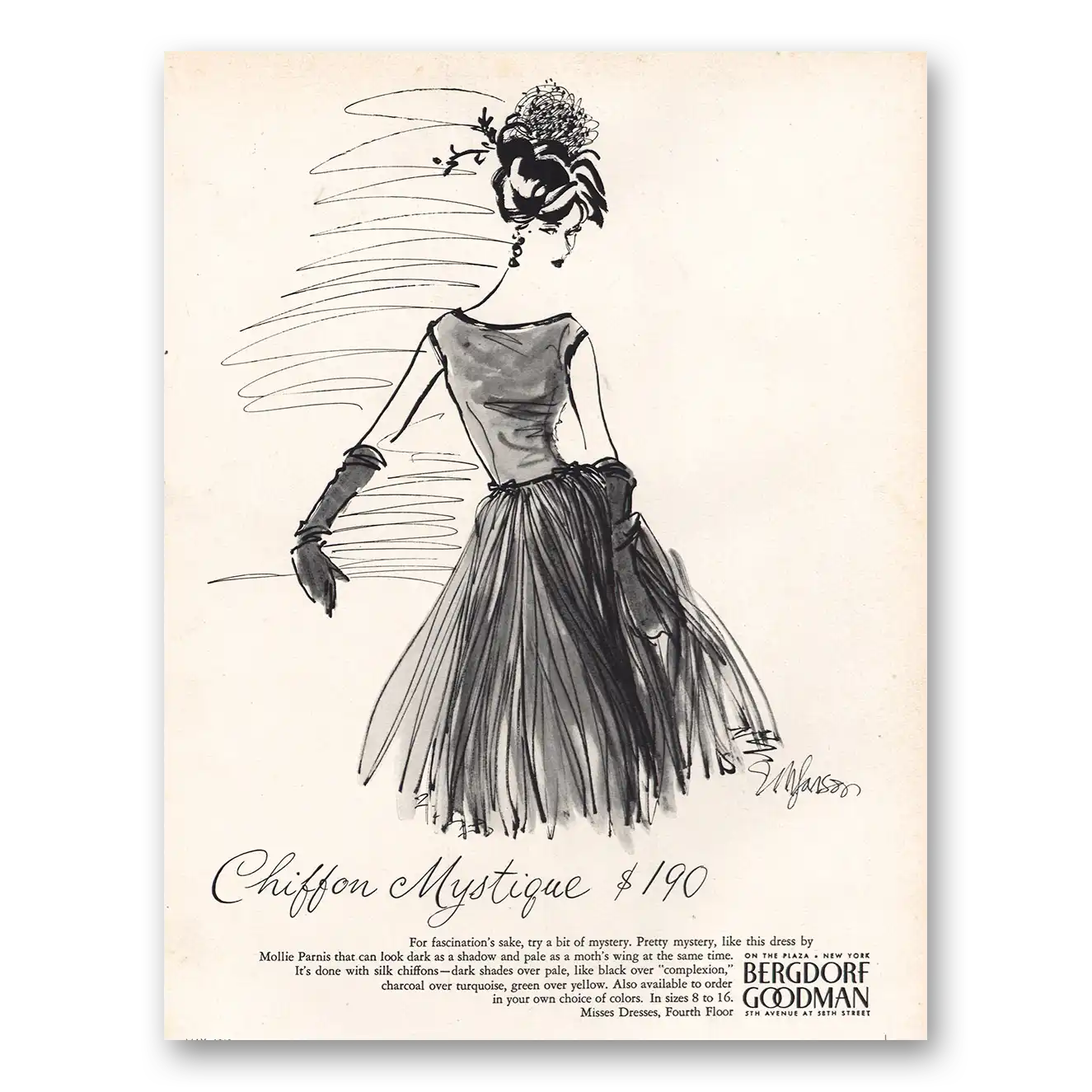 1960 Bergdorf Goodman Chiffon Mystique Mollie Parnis Vintage Magazine Print Ad