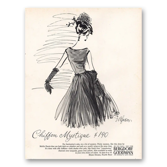 1960 Bergdorf Goodman Chiffon Mystique Mollie Parnis Vintage Magazine Print Ad