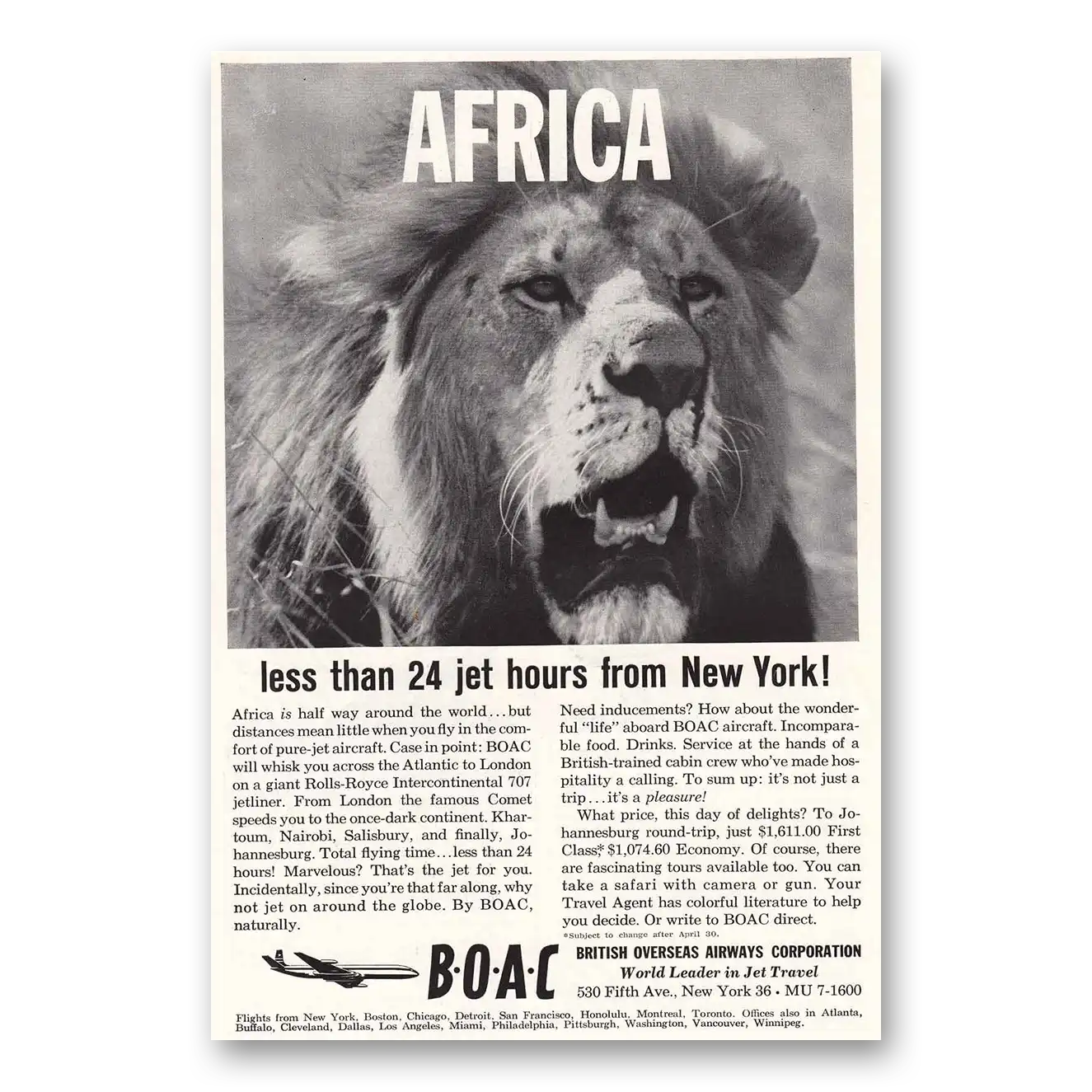 1960 British Airways BOAC Africa 24 Jet Hours from New York Vintage Magazine Print Ad