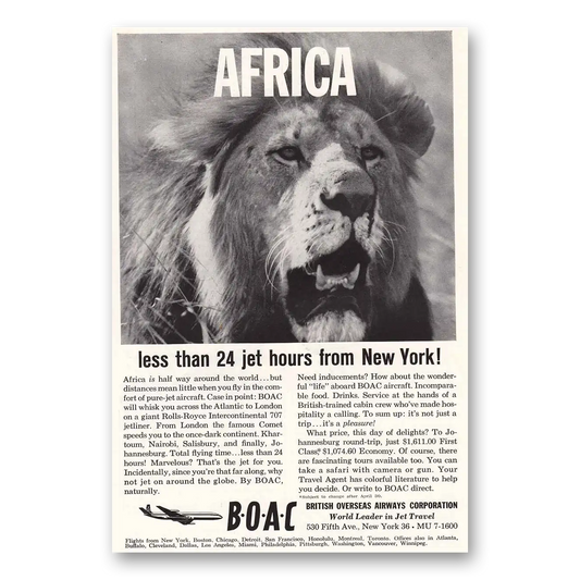 1960 British Airways BOAC Africa 24 Jet Hours from New York Vintage Magazine Print Ad