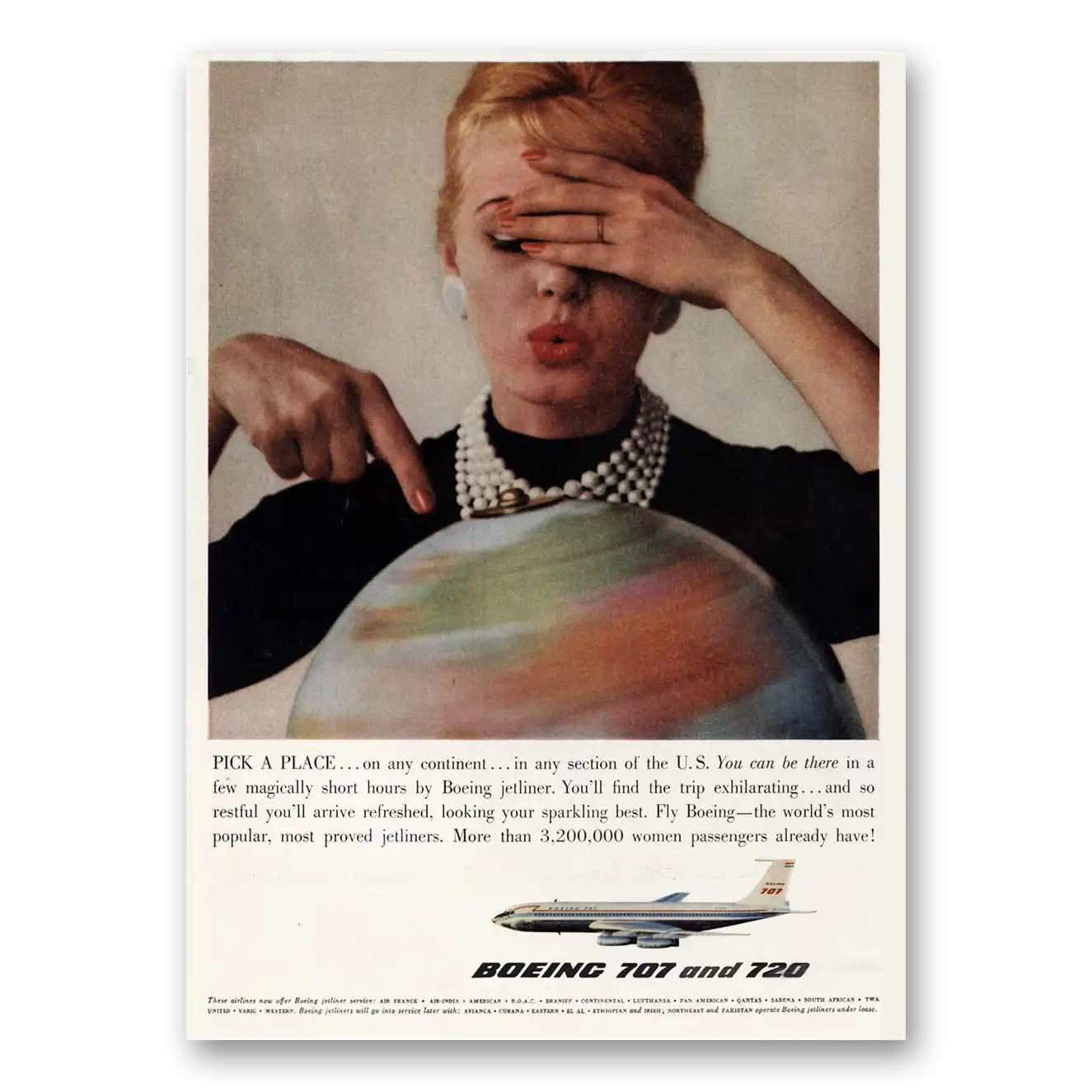 1960 Boeing 707 Pick a Place On Any Continent Vintage Magazine Print Ad