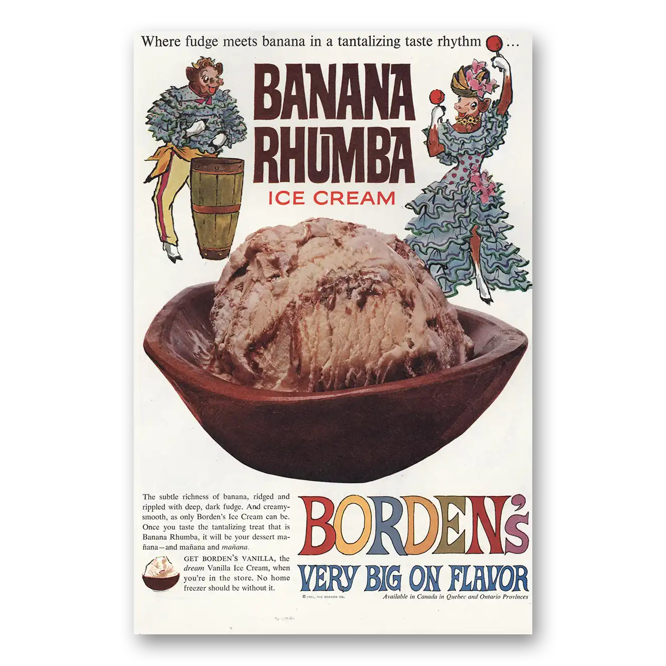 1960 Bordens Banana Rhumba Ice Cream Big On Flavor Vintage Magazine Print Ad