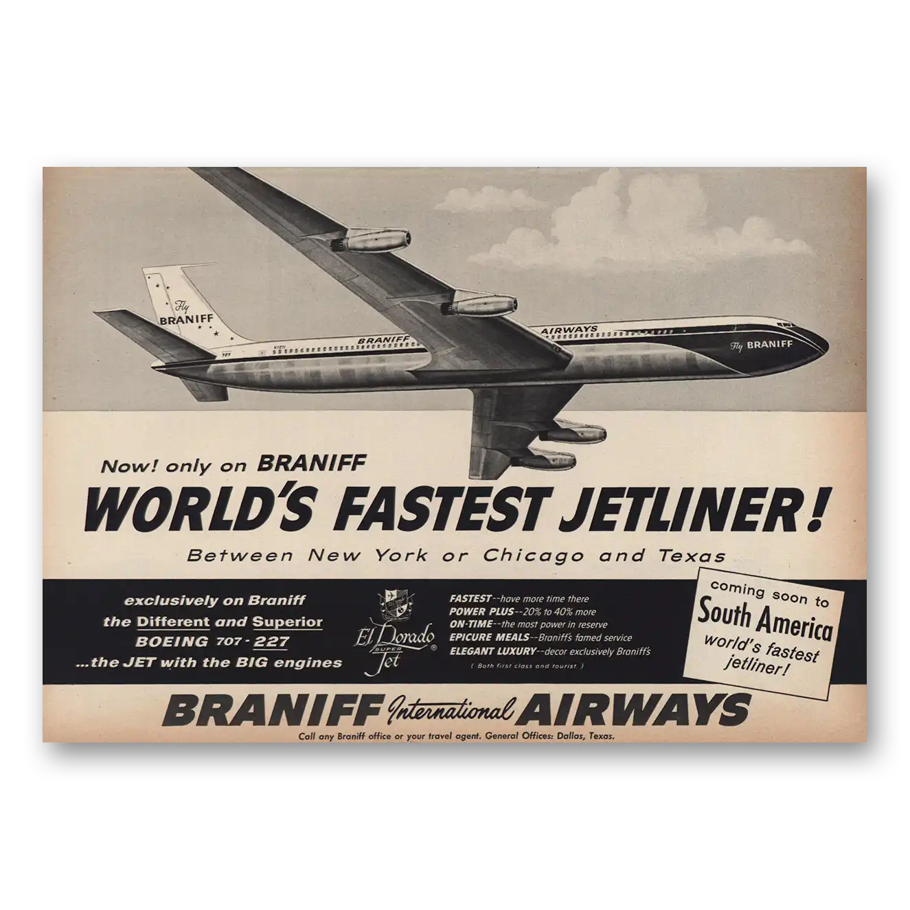 1960 Braniff International Airways Worlds Fastest Jetliner New York or Chicago Vintage Magazine Print Ad