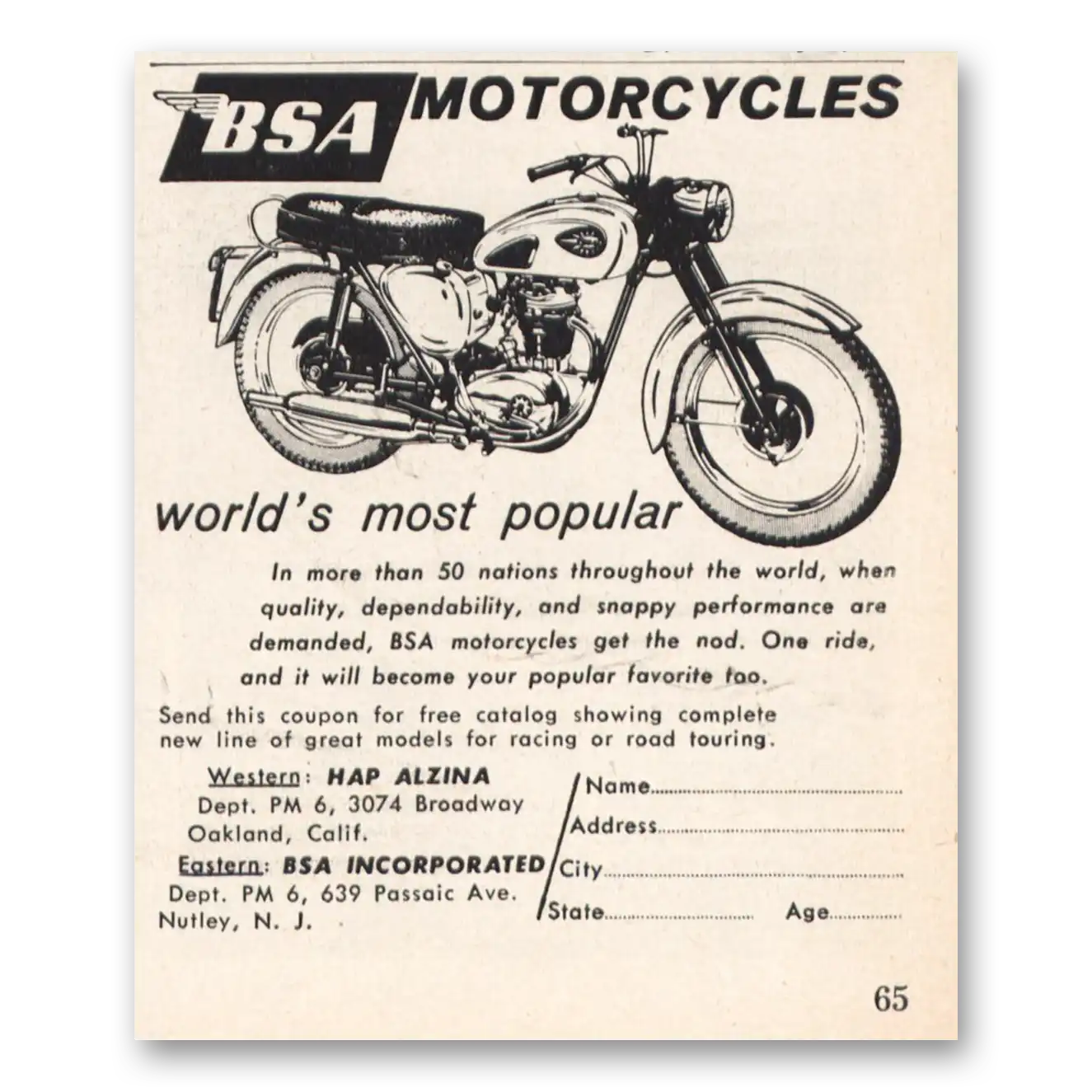 1960 BSA Motorcycles Worlds Most Popular Vintage Magazine Print Ad