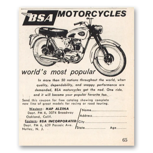 1960 BSA Motorcycles Worlds Most Popular Vintage Magazine Print Ad