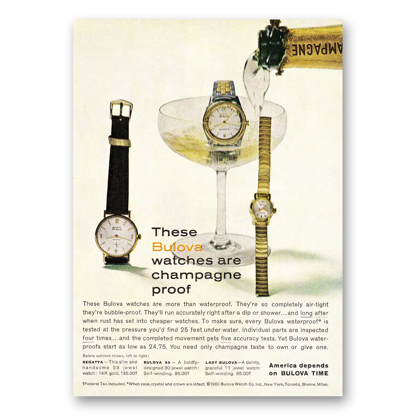 1960 Bulova Watch Watches are Champagne Proof Vintage Magazine Print Ad