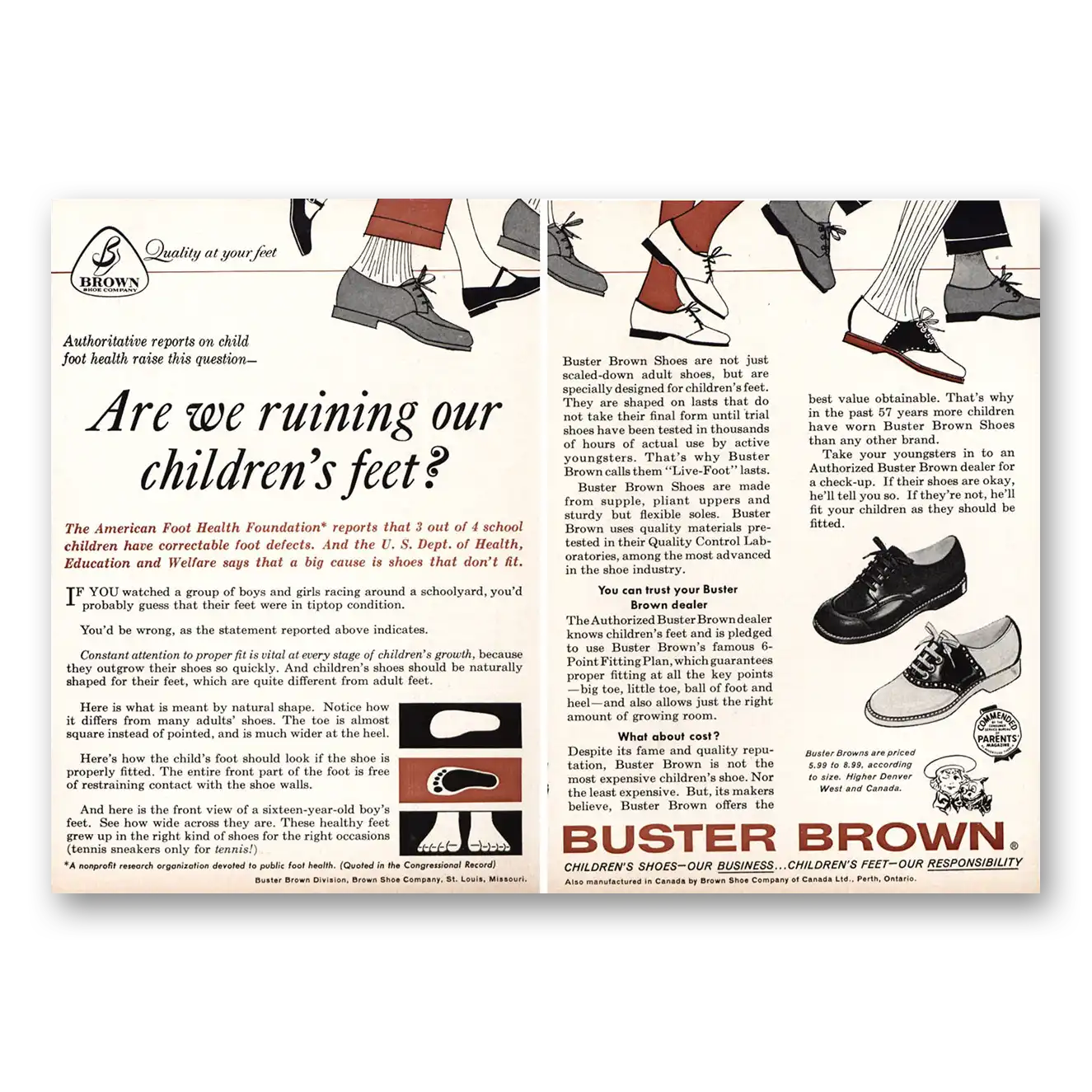 1960 Buster Brown Are We Ruining Our Childrens Feet Vintage Magazine Print Ad