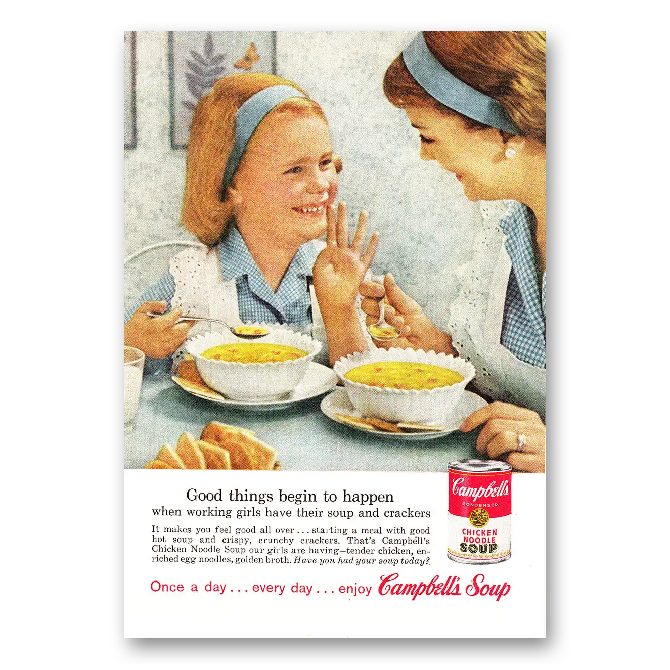 1960 Campbells Chicken Noodle Soup Working Girls Vintage Magazine Print Ad