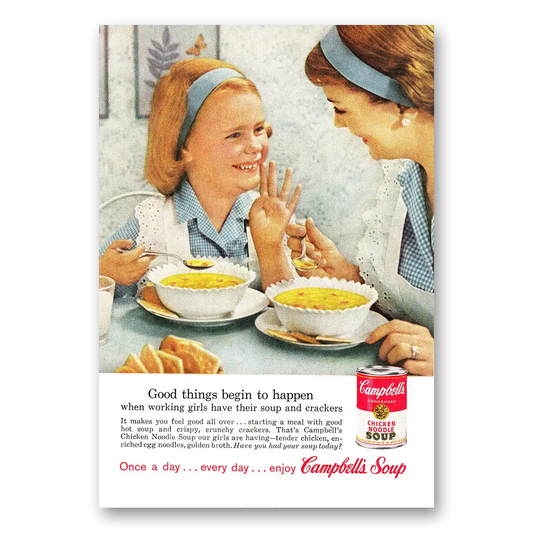 1960 Campbells Chicken Noodle Soup Working Girls Vintage Magazine Print Ad