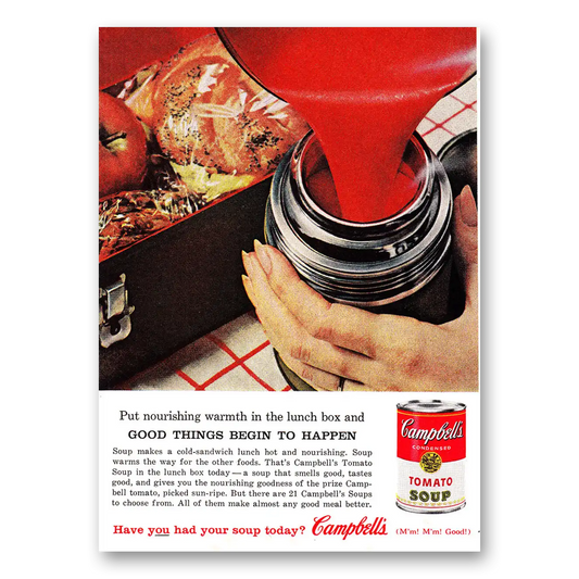 1960 Campbells Tomato Soup Nourishing Warmth in the Lunch Box Vintage Magazine Print Ad