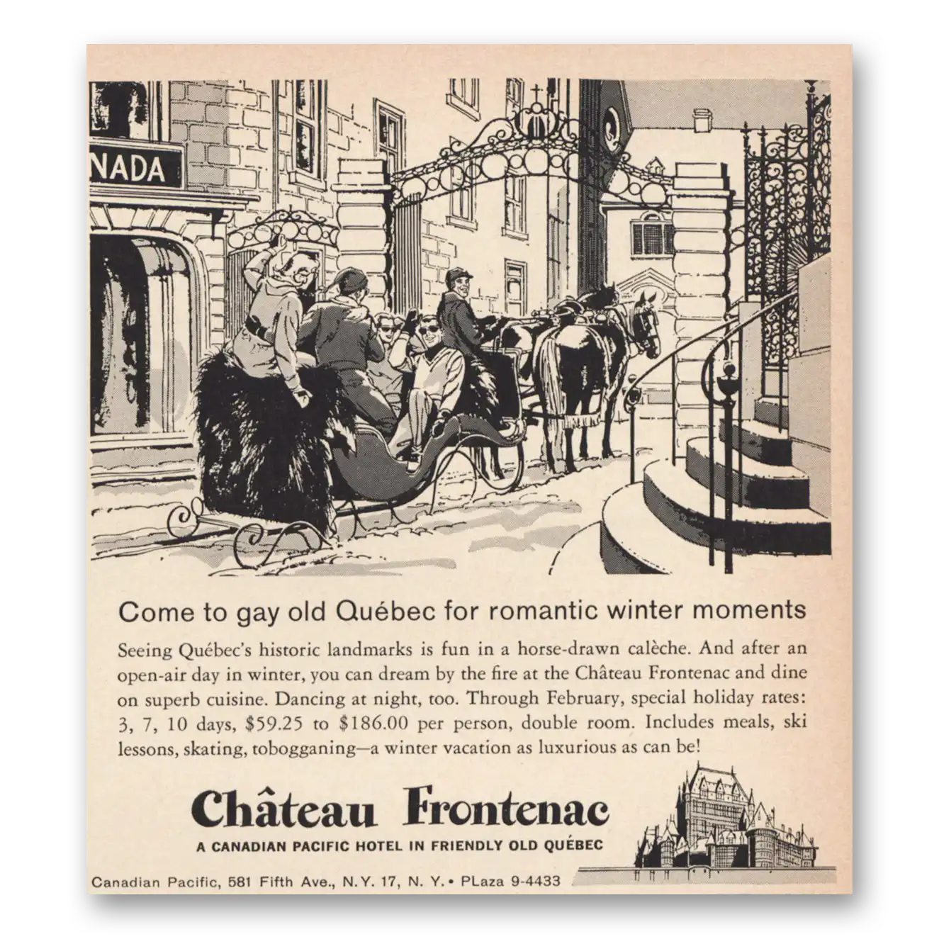 1960 Chateau Frontenac Hotel Come To Gay Old Quebec Vintage Magazine Print Ad