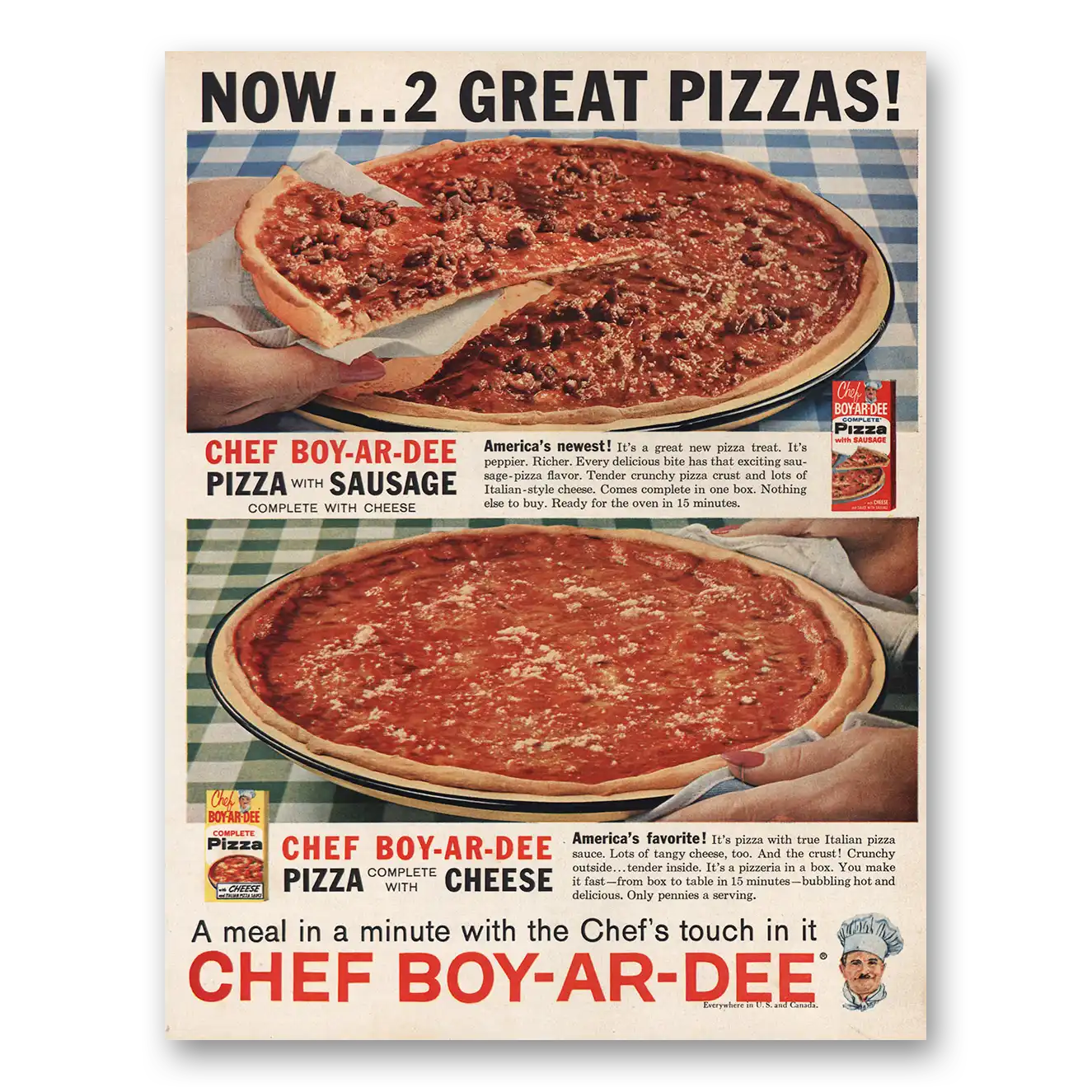 1960 Chef Boy-Ar-Dee Cheese and Sausage Vintage Magazine Print Ad