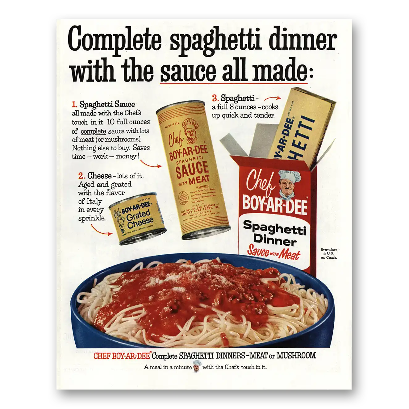 1960 Chef Boy-Ar-Dee Complete Spaghetti Dinner Vintage Magazine Print Ad