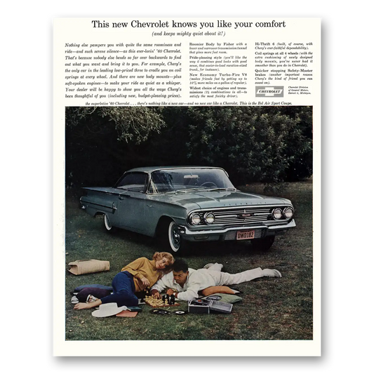 1960 Chevrolet Bel Air Knows You Like Your Comfort Vintage Magazine Print Ad