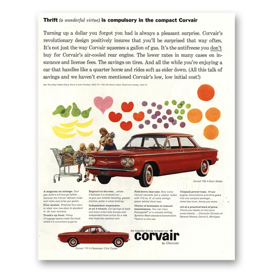 1960 Chevrolet Corvair Thrift Wonderful Virtue Compulsory Vintage Magazine Print Ad