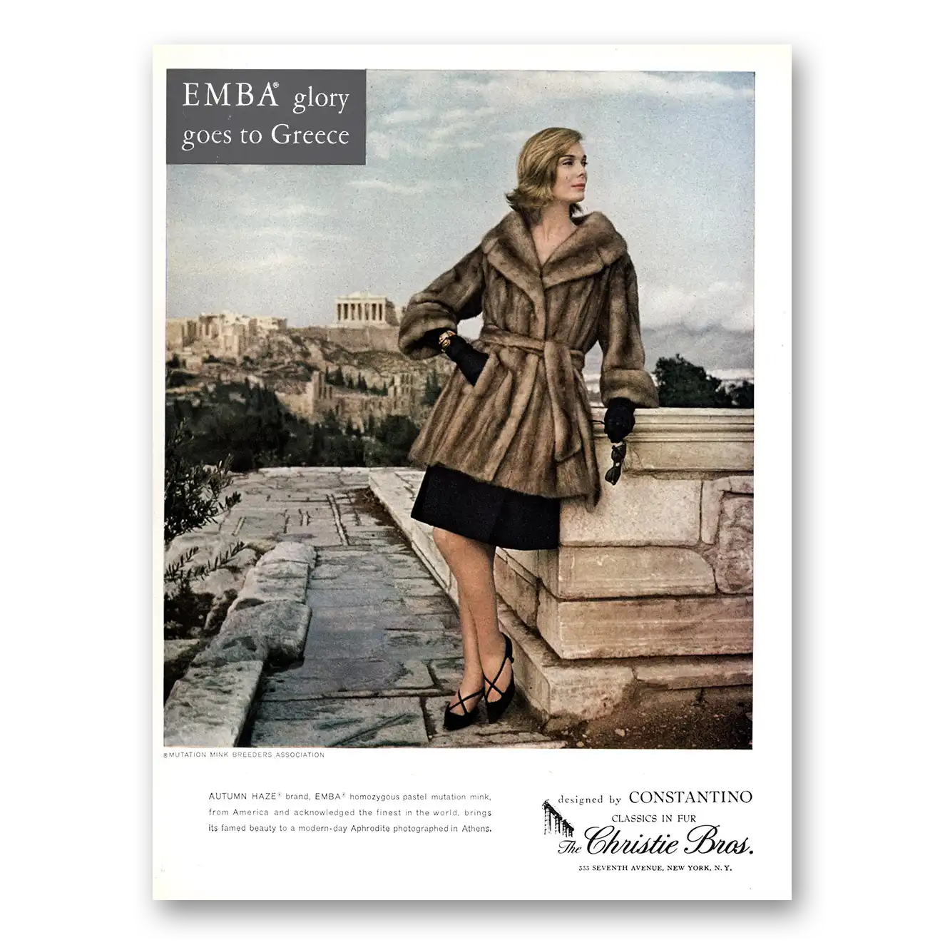 1960 Emba Mink Glory Goes to Greece Vintage Magazine Print Ad