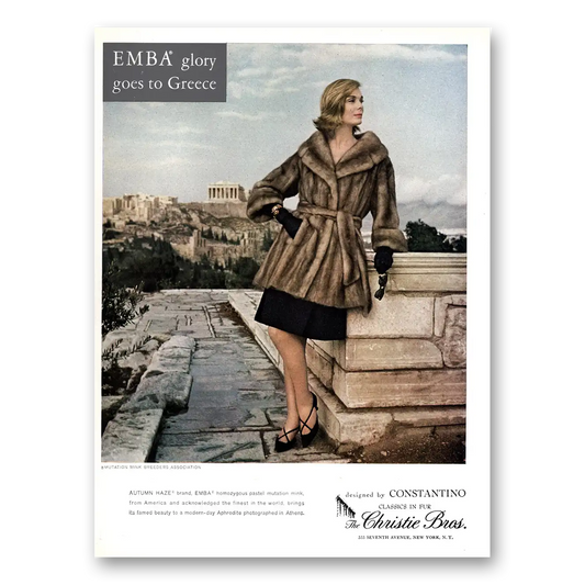 1960 Emba Mink Glory Goes to Greece Vintage Magazine Print Ad