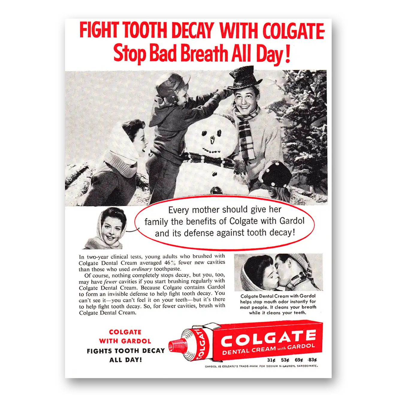 1960 Colgate Dental Cream Snowman Each Mother Should Give Vintage Magazine Print Ad