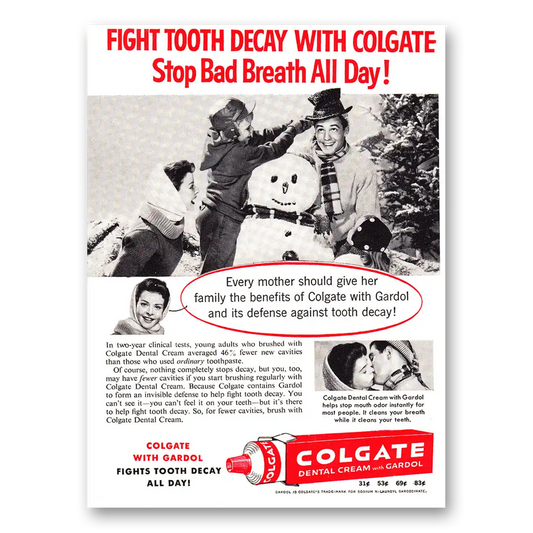 1960 Colgate Dental Cream Snowman Each Mother Should Give Vintage Magazine Print Ad