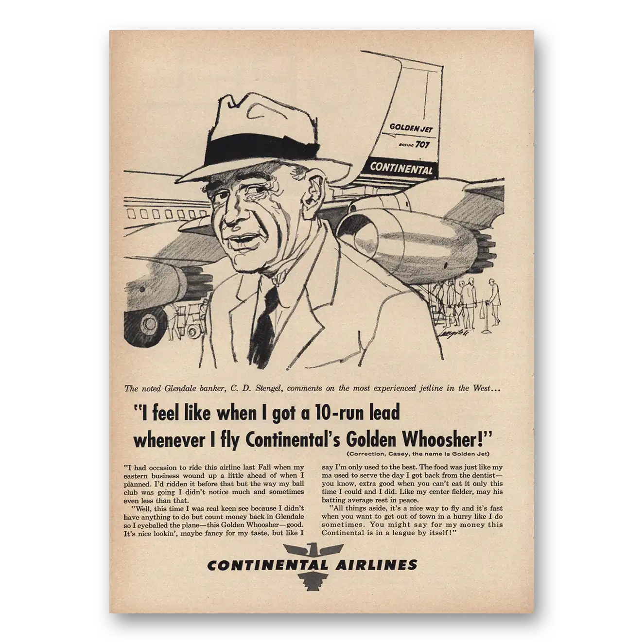 1960 Continental Airlines C D Stengel Golden Whoosher Vintage Magazine Print Ad