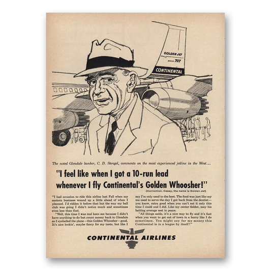 1960 Continental Airlines C D Stengel Golden Whoosher Vintage Magazine Print Ad