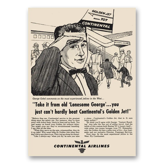 1960 Continental Airlines Lonesome George Vintage Magazine Print Ad