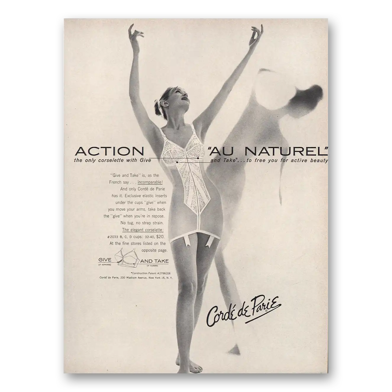 1960 Corde de Parie Corsette Action Au Naturel Vintage Magazine Print Ad