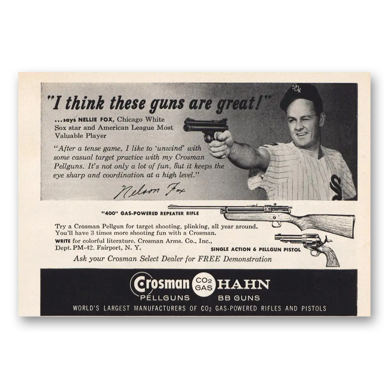 1960 Crosman I Think Guns Are Great Nellie Fox Vintage Magazine Print Ad