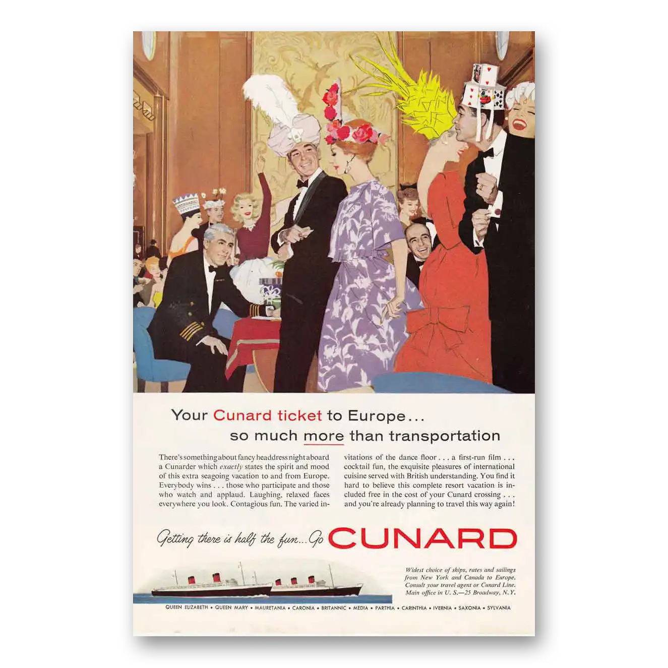 1960 Cunard Costume Party Your Cunard Ticket to Europe Vintage Magazine Print Ad