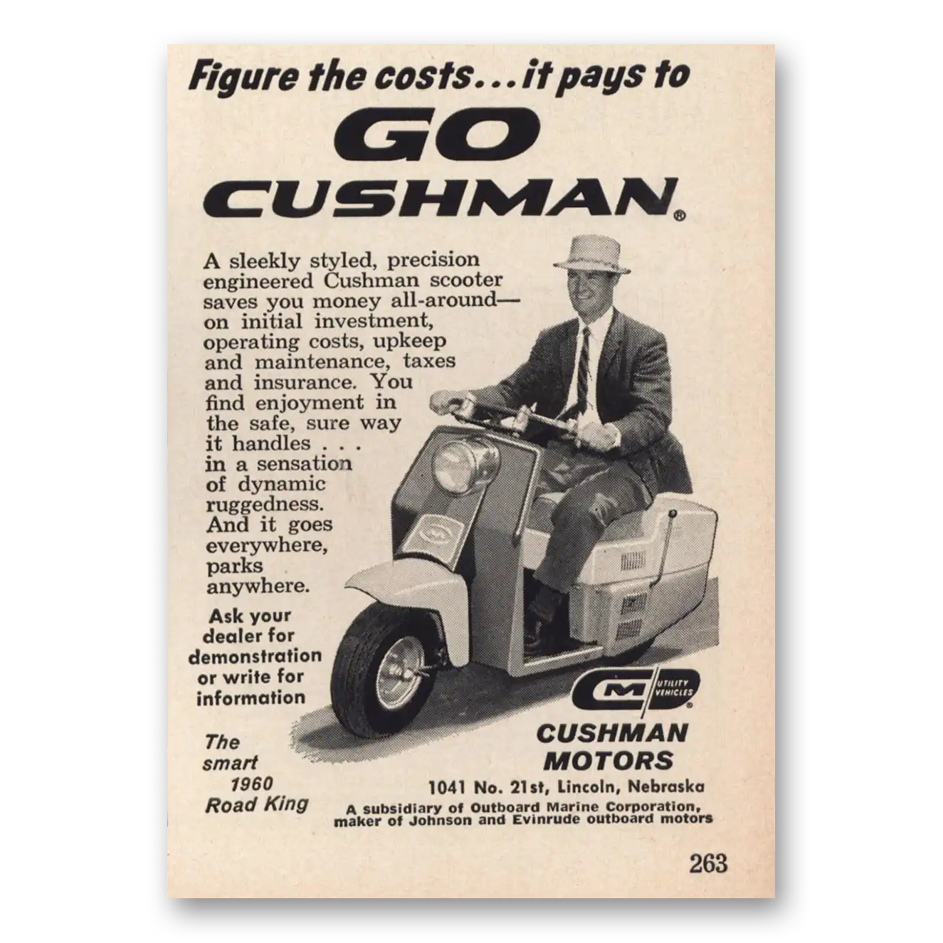 1960 Cushman Motors Figure the Costs It Pays Vintage Magazine Print Ad