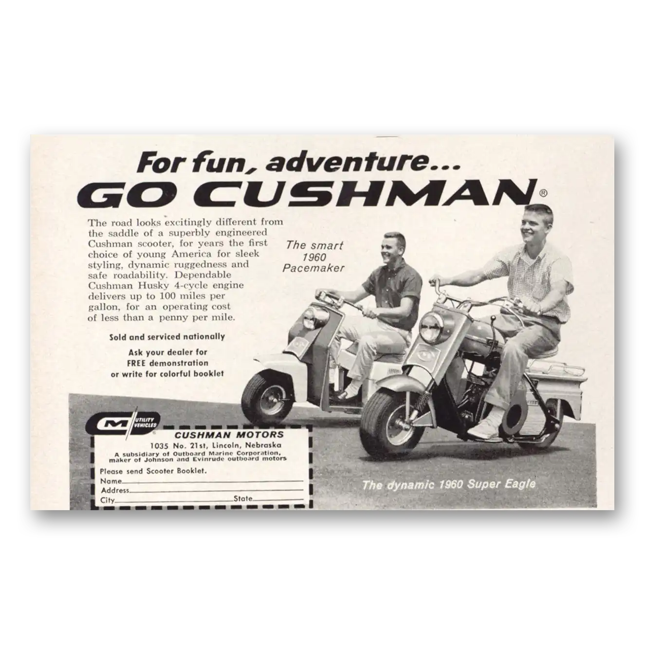 1960 Cushman Pacemaker and Eagle For Fun Adventure Vintage Magazine Print Ad