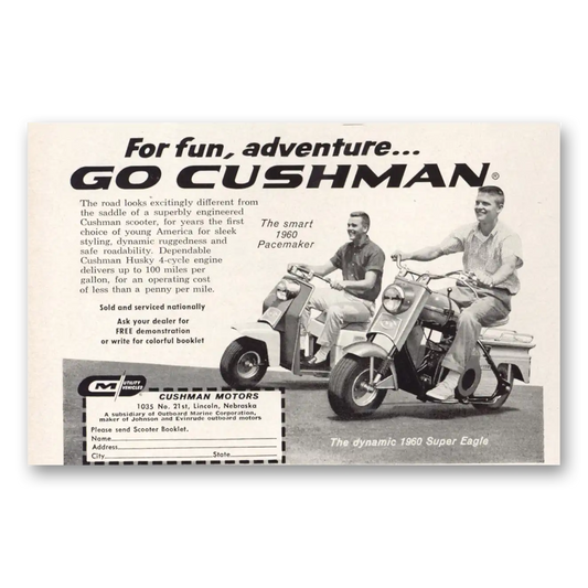 1960 Cushman Pacemaker and Eagle For Fun Adventure Vintage Magazine Print Ad