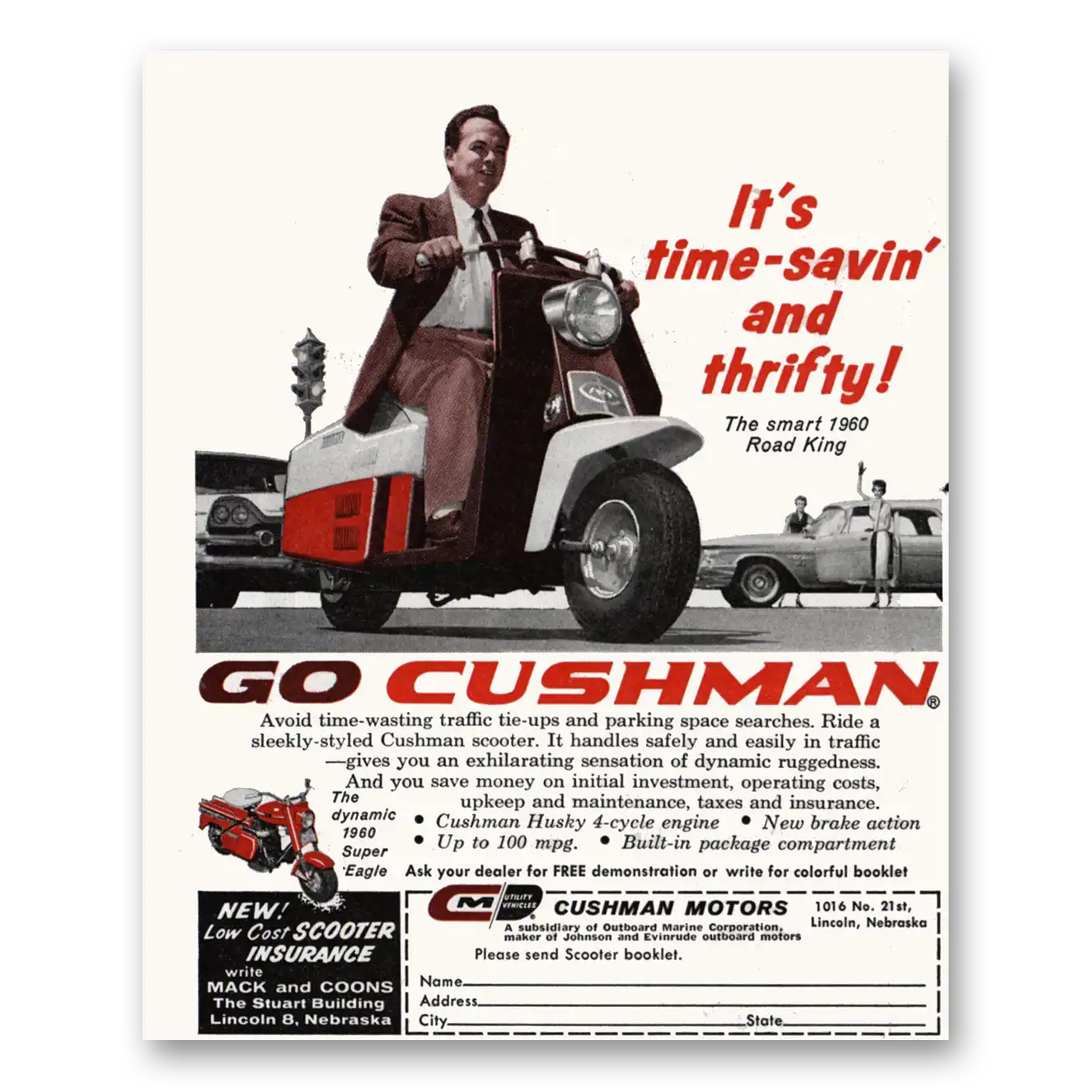 1960 Cushman Motors Time Savin and Thrifty Vintage Magazine Print Ad